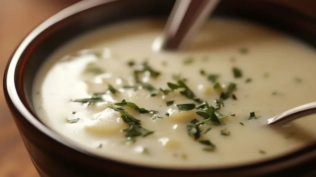A creamy vegetable soup made with milk, served in a bowl with a spoon.