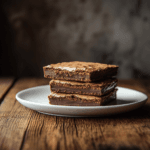 A plate of freshly baked brownies with a cracked top and gooey interior