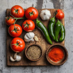 Ingredients used in making taco sauce displayed on a wooden board