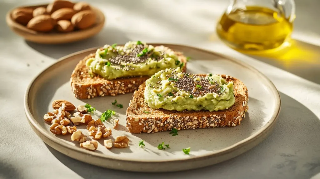 Avocado toast with nuts and olive oil drizzle