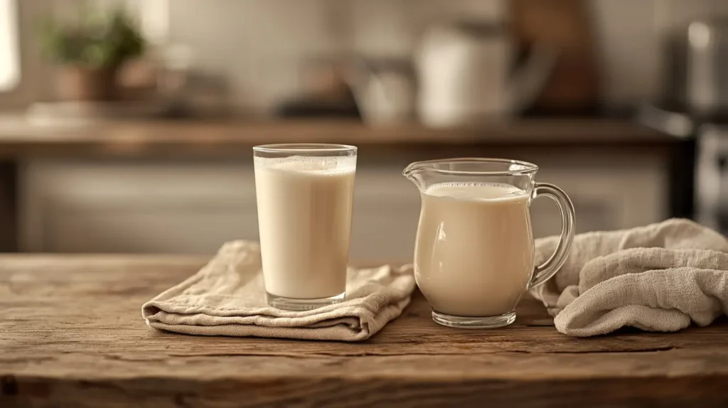 Side-by-side comparison of a glass of milk and a small pitcher of cream on a wooden kitchen counter.