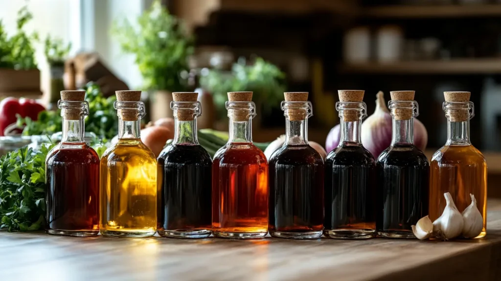 Different types of vinegar in glass bottles with labels