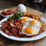 A plate of perfectly crispy golden hash browns served with a side of eggs and bacon.
