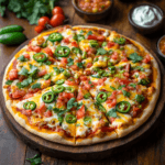 Homemade Mexican pizza with colorful toppings served on a wooden board.