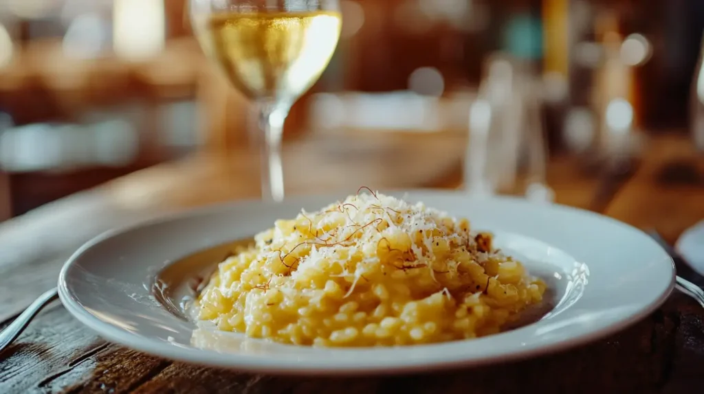 A plate of saffron-infused Risotto alla Milanese.