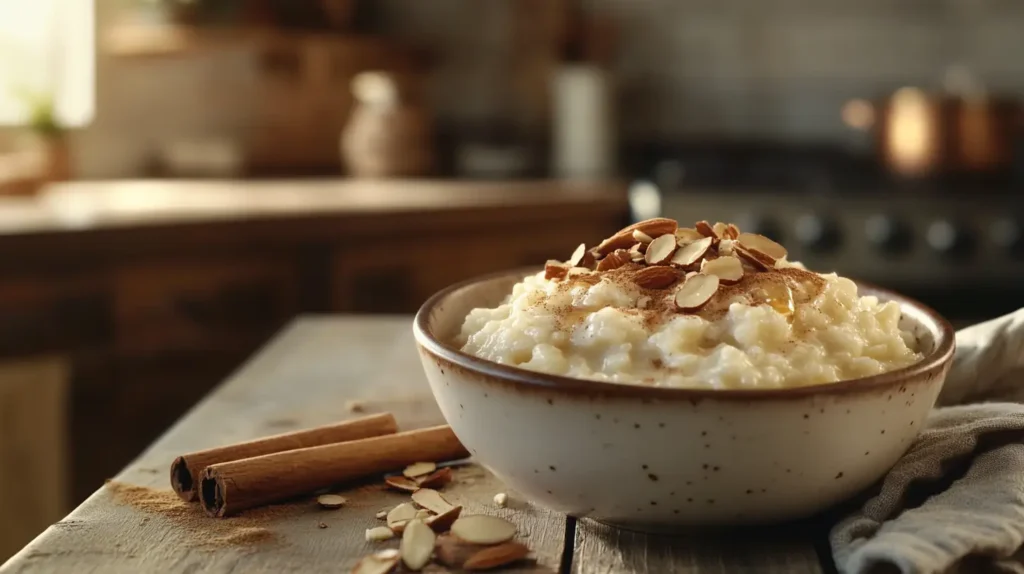 A bowl of creamy rice pudding garnished with cinnamon and nuts.