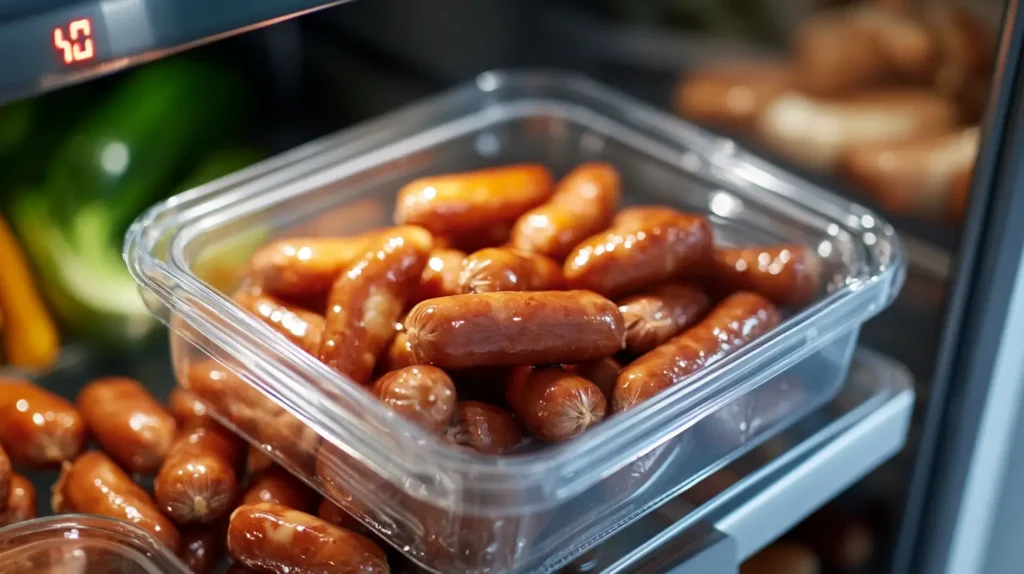 Beanie weenies stored in an airtight container inside a refrigerator