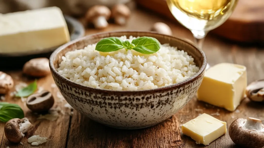 A bowl of uncooked Arborio rice on a wooden table with Italian ingredients.