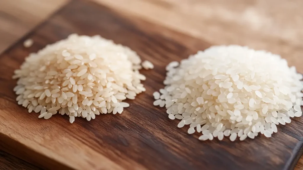 A comparison of Arborio rice grains with long-grain rice on a wooden surface.