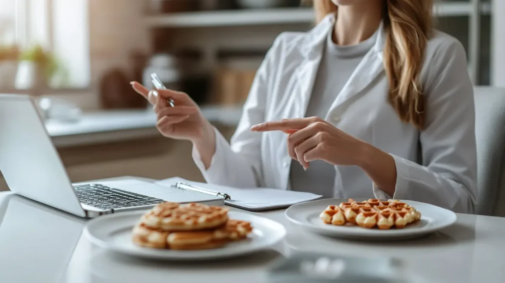A nutritionist explaining the differences between waffles and pancakes