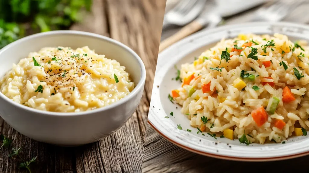 A bowl of creamy risotto next to a plate of fluffy pilaf