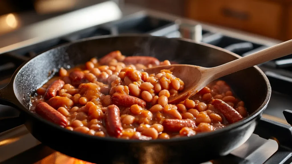 Beanie Weenie being cooked in a skillet on a stovetop